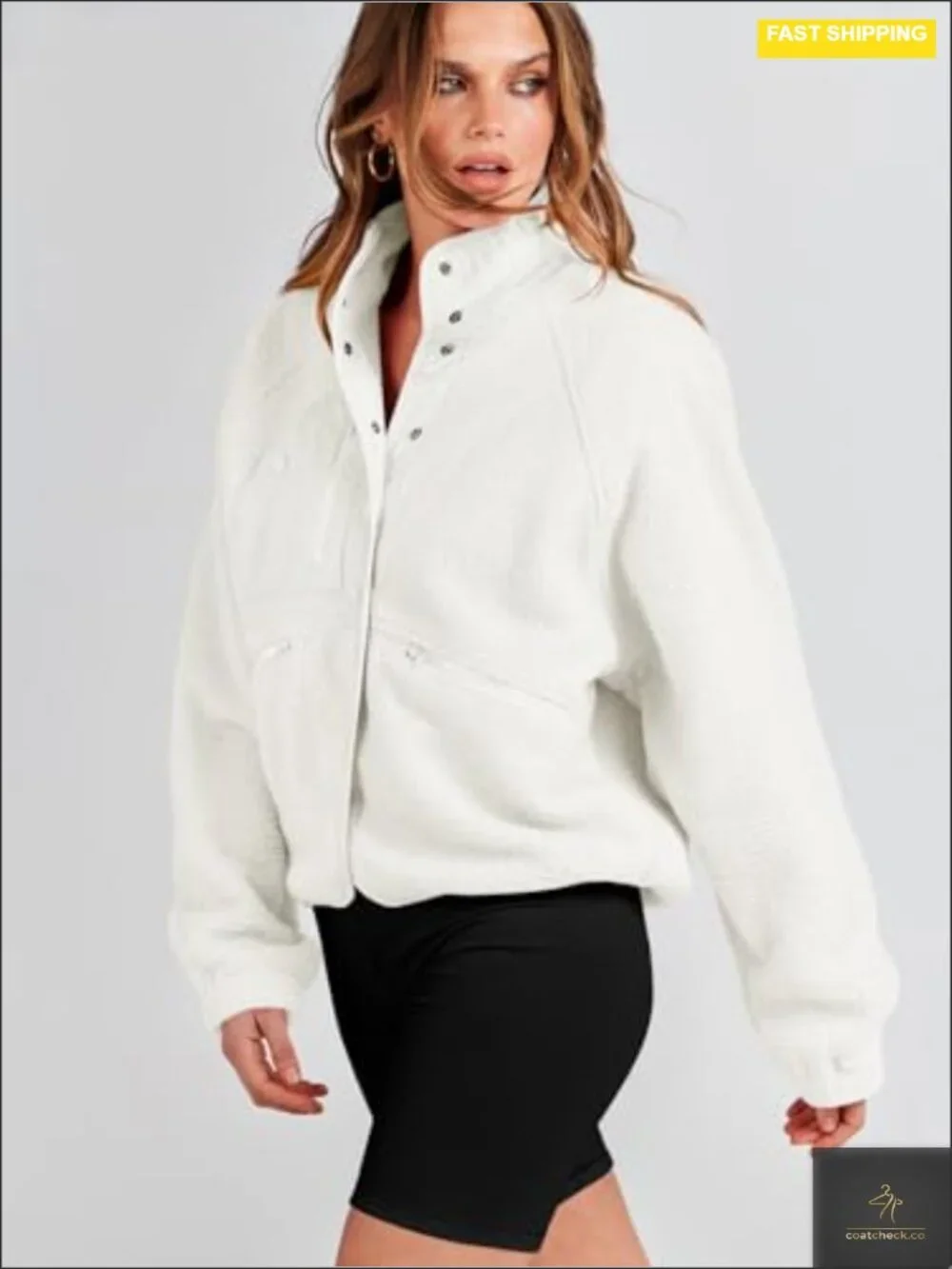 Fuzzy Fleece Button Down Cropped Sherpa Coat with Pockets